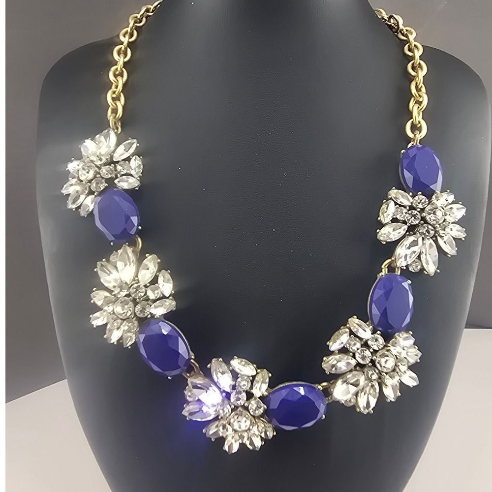 J. Crew Necklace Blue Clear Rhinestone Floral Gold Tone Statement 18in